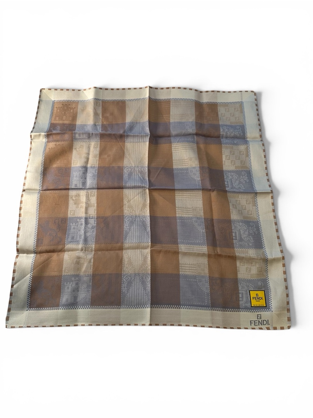 Vintage Fendi Zucca Heraldic Check Scarf Handkerchief Brown Blue Ivory Italy